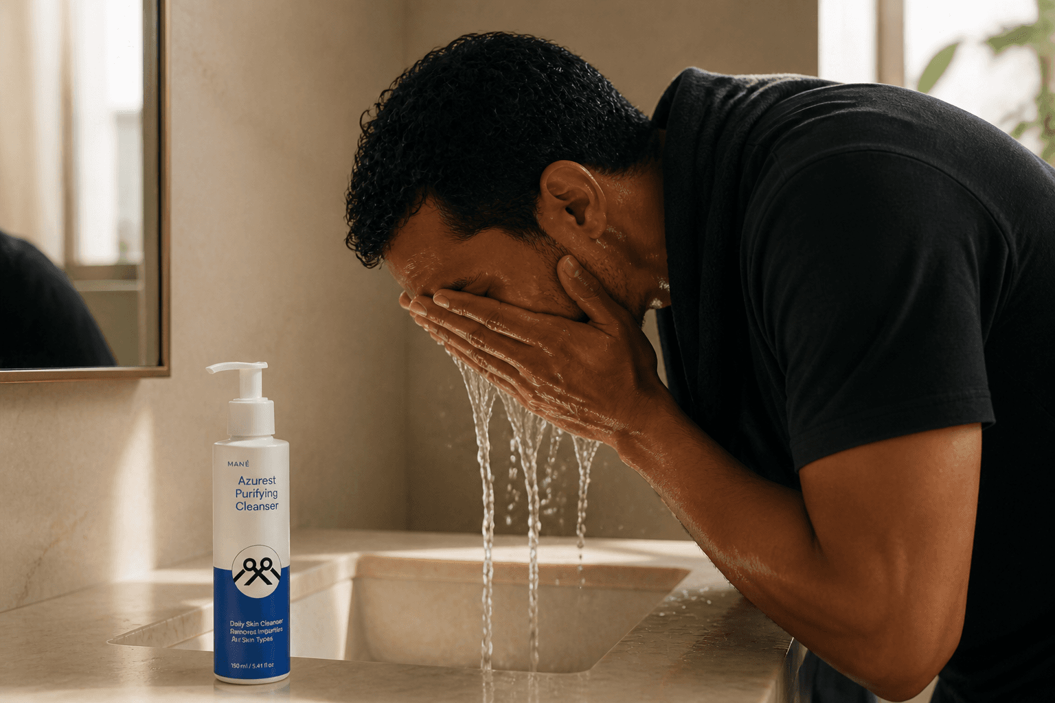 Man cleansing his face beside MANË Azurest Purifying Cleanser
