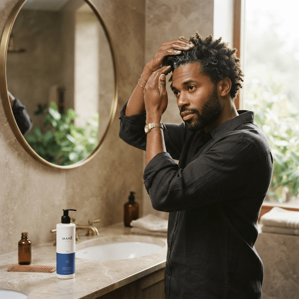 Man styling his textured hair with a MANË grooming product