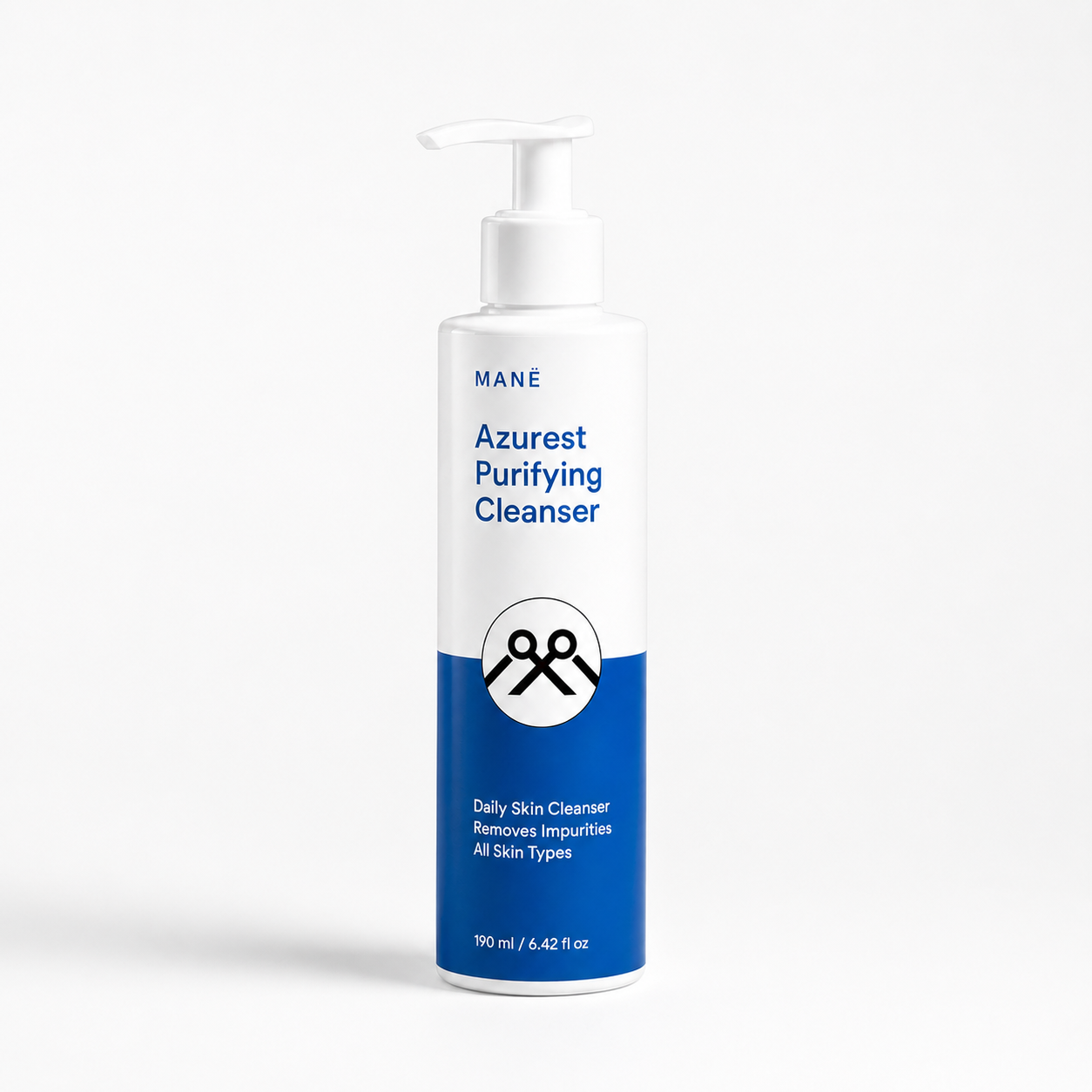 MANË Azurest Purifying Cleanser in its white and blue pump bottle