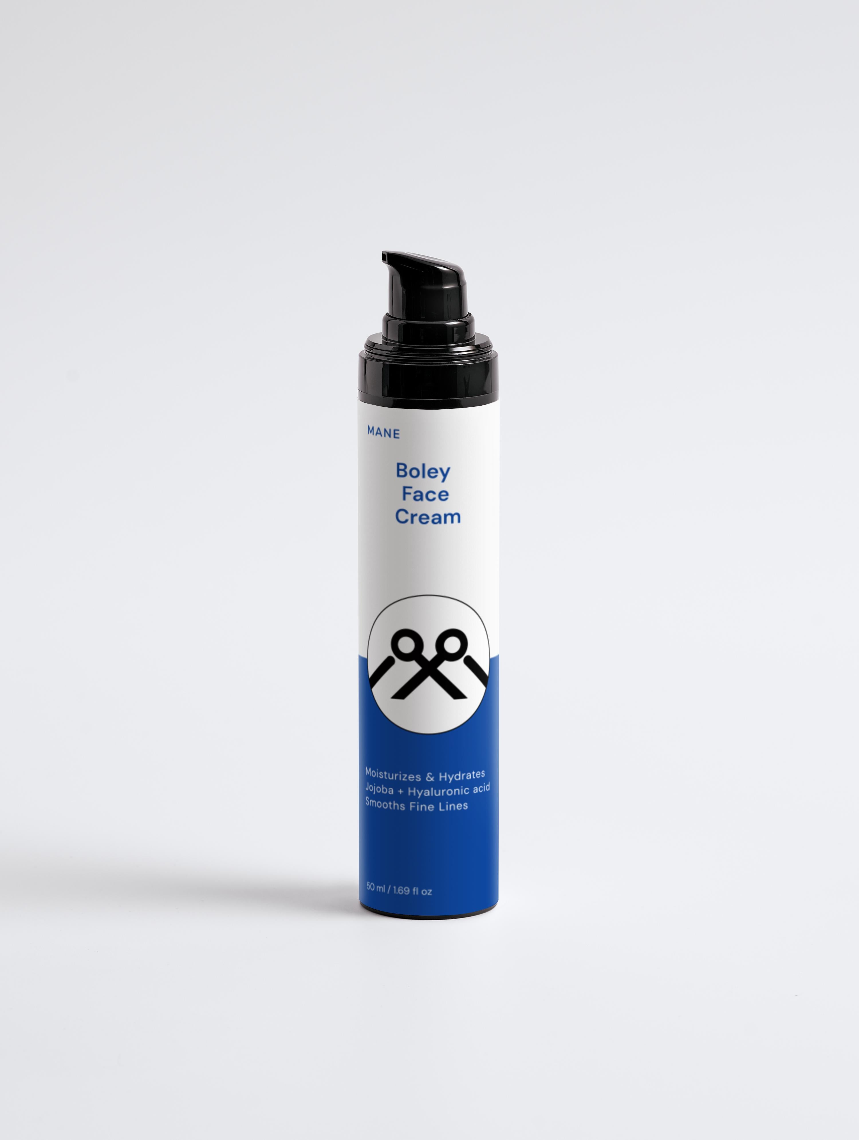 Original MANË Boley Face Cream bottle with black pump and blue-and-white label