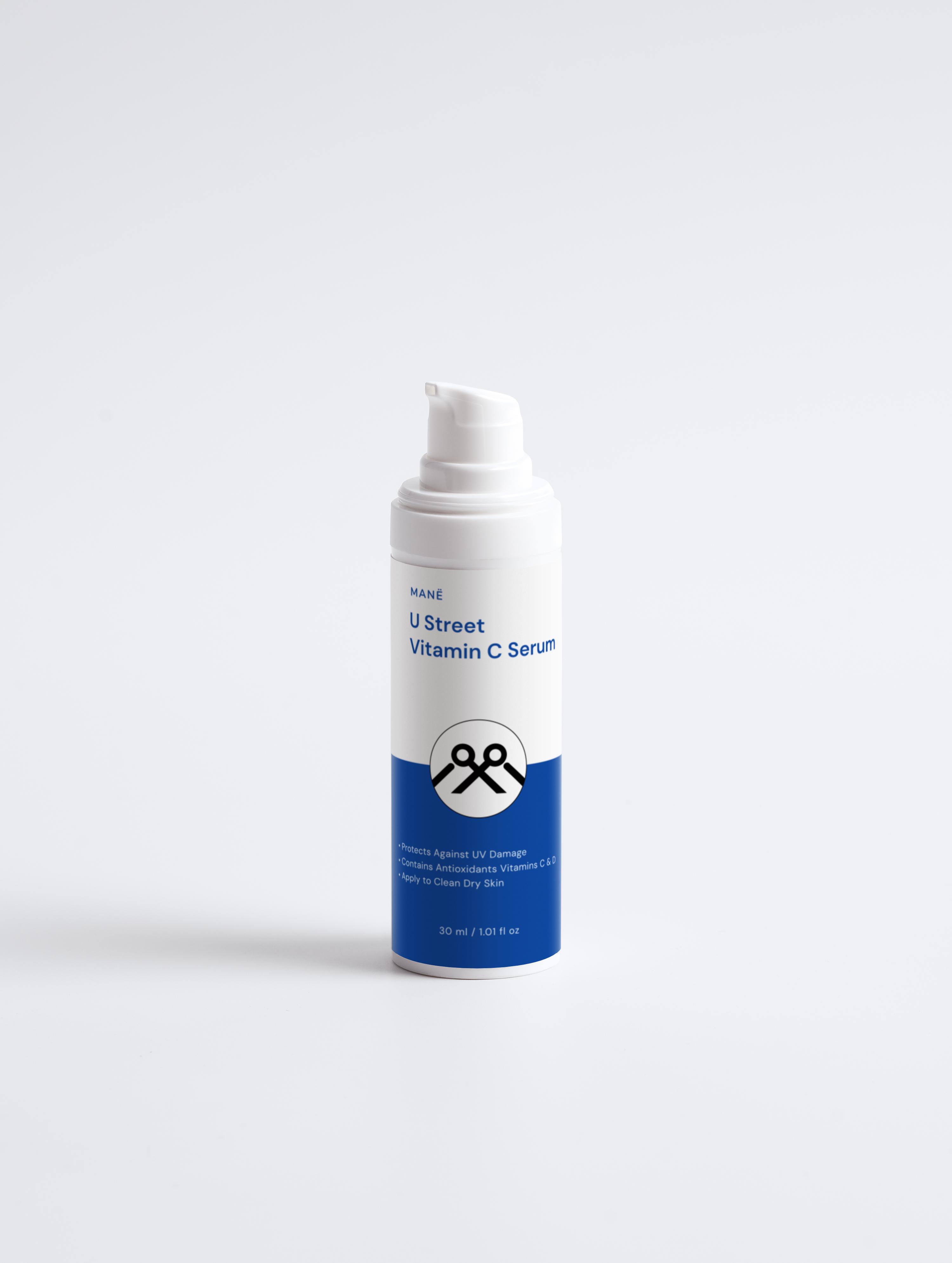 Original MANË U Street Vitamin C Serum white pump bottle with blue label